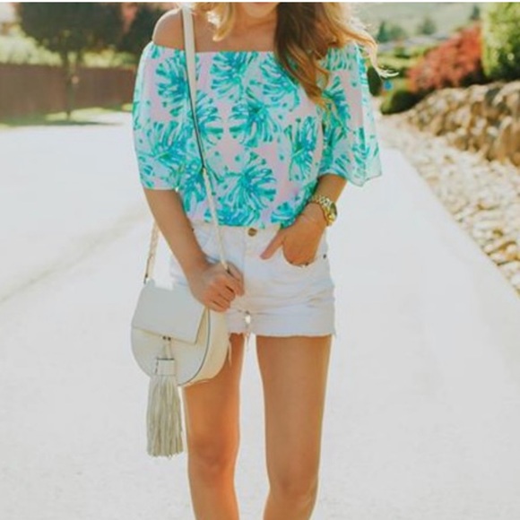 Buddy Love Palm Leaf Off Shoulder Top LARGE Pink Blue - Picture 1 of 5